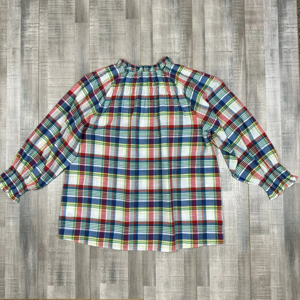 Brooks Brothers L/S Blouse Top Womens Medium Plaid Colorful Smocked Neck Peasant - Picture 11 of 11